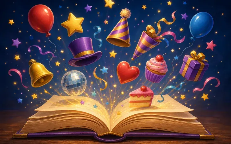 Whimsical storybook with slot symbols and confetti floating from the pages