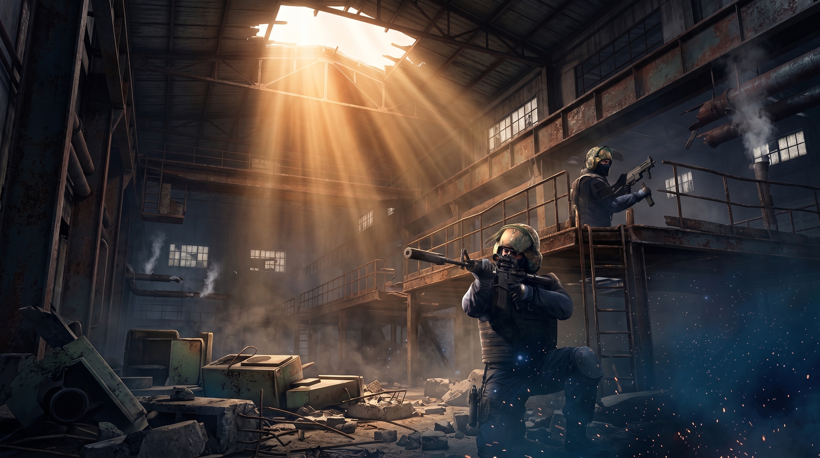 Industrial warehouse interior with dramatic lighting