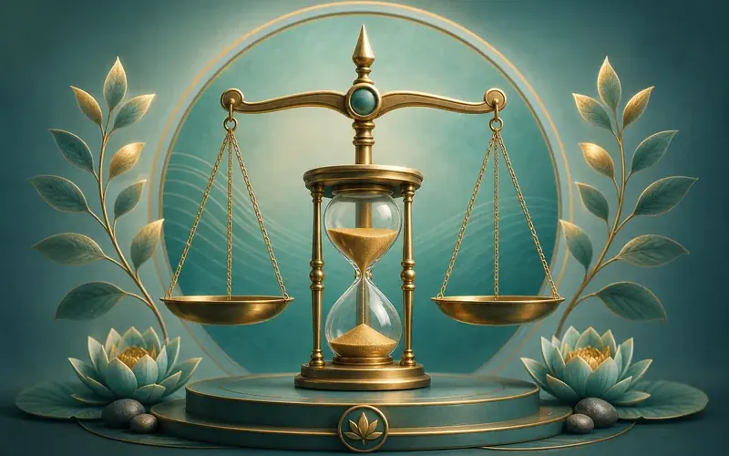 Balanced scales beside a calm clock symbolising healthy play habits